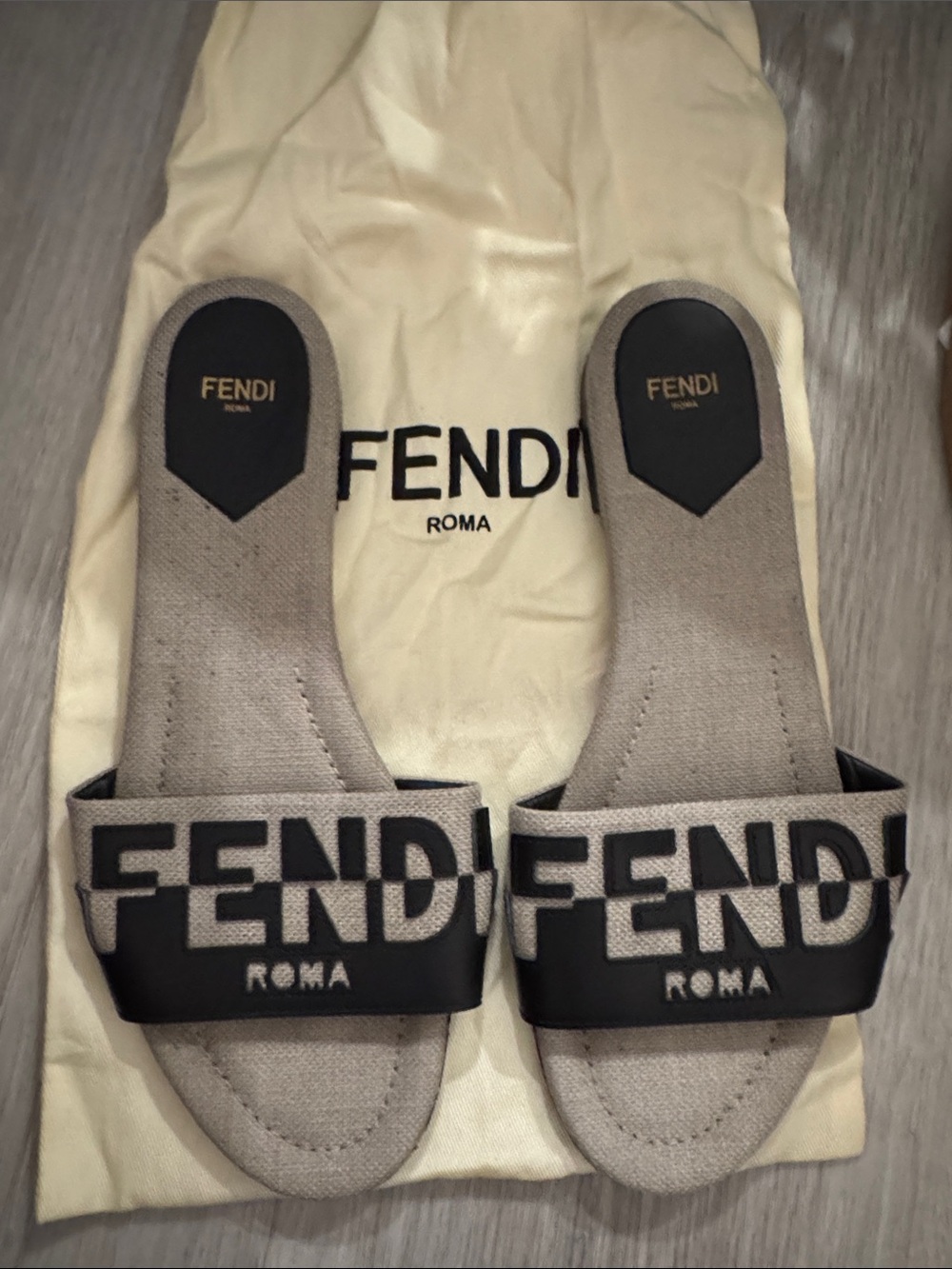 Fendi Beige and Black Logo Slide Sandals